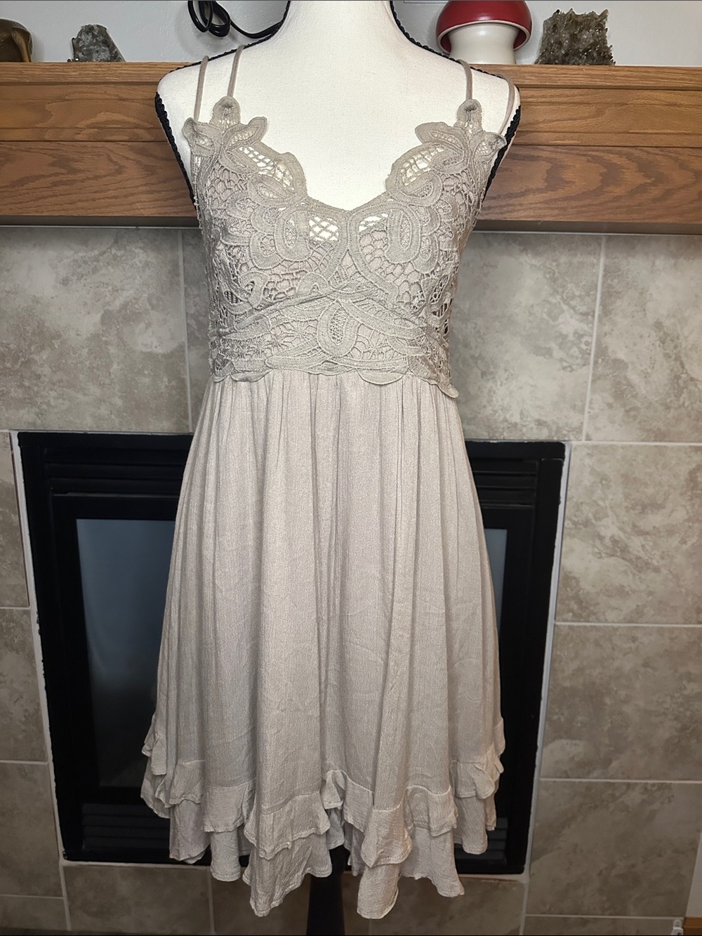 Boho Lace Mini Dress Cottagecore Tan Tiered Dress Size L